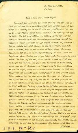 Brief Hans Elsner an Eltern zu Vorgängen in Marine, 5.November 1918 (erste Seite)