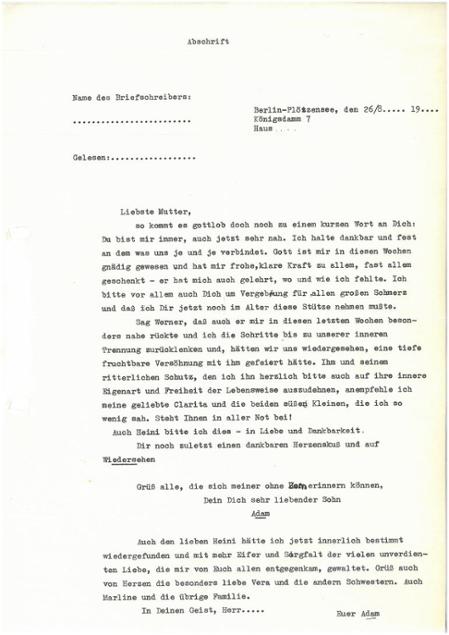 Abschiedsbrief von Adam von Trott zu Solz an seine Mutter vom 26. August 1944 aus Berlin-Plötzensee (Abschrift)