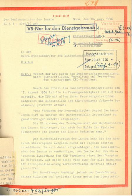 Schnellbrief zur Meldung des Verbots der Kommunistischen Partei Deutschlands (KPD), 18. August 1956