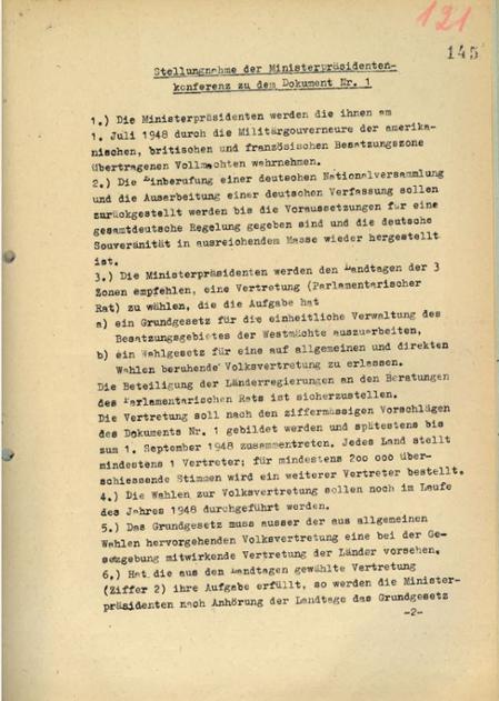 Stellungnahme der Minitsterpräsidenten zu Dokument 1 der von den Alliierten übergebenen Beschlüsse