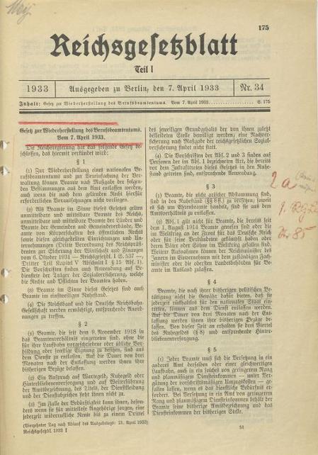 Text des Berufsbeamtengesetzes im Reichsgesetzblatt, 7. April 1933