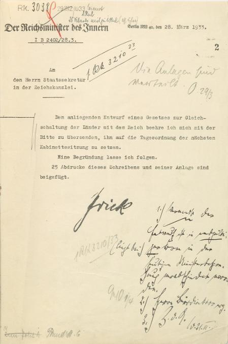 Entwurf des Gesetzes zur Gleichschaltung der Länder.- Schreiben des Reichsministers des Innern an die Reichskanzlei, März 1933 