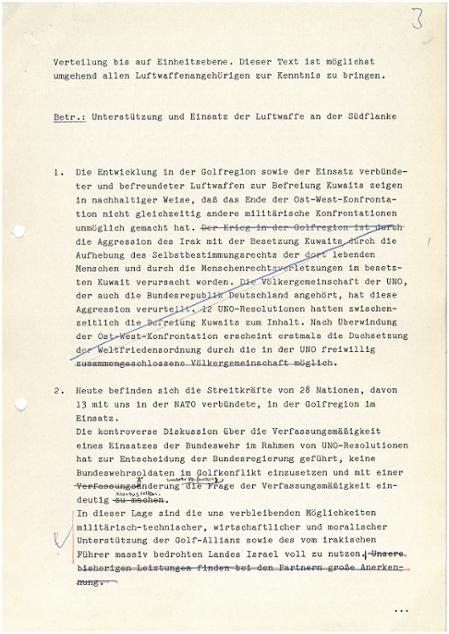 Entwurf eines Tagesbefehls des Inspekteurs Luftwaffe zur Begründung des Einsatzes ACE GUARD, versehen mit handschriftlichen Korrekturen