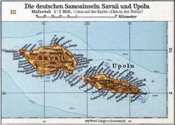 Karte der deutschen Samoainseln Savaii und Upolu