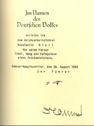 Ernennungsurkunde Konstantin Hierls zum Reichsminister, 20. Aug. 1943