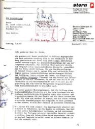 Schreiben des "Stern", mit der Bitte die übersandten Dokumente auf deren Echtheit zu prüfen, 6. April 1982