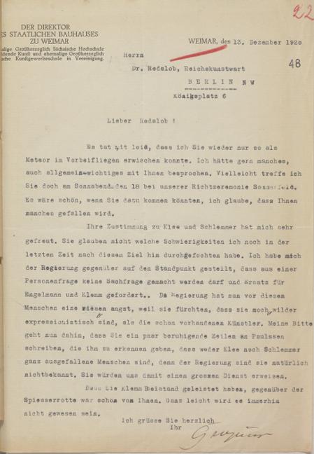 Schreiben von Walter Gropius an den Reichskunstwart Edwin Redslob vom 13. Dezember 1920
