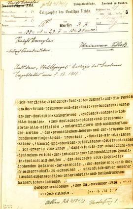 Telegramm der Reichskanzlei vom 29. Juli 1919 