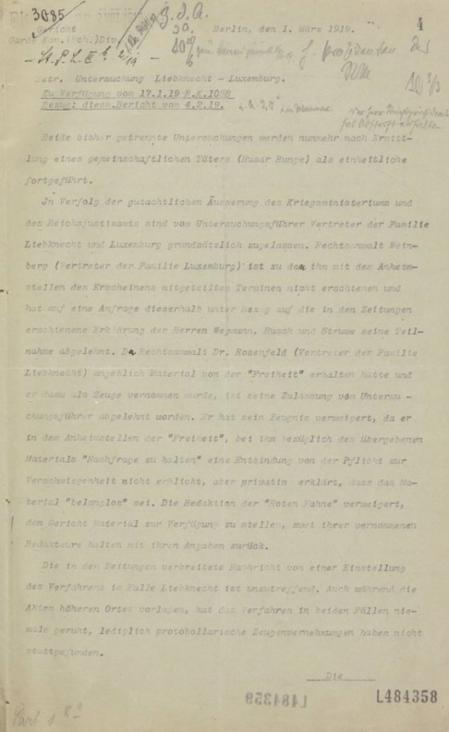 Schreiben des Gerichtes der Garde-Kavallerie-Schützen-Division zum Ermittlungsverfahren im Mordfall Liebknecht/Luxemburg vom 1. März 1919