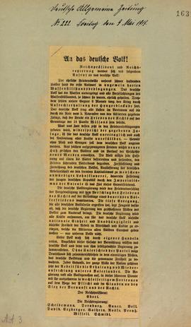 Deutsche Allgemeine Zeitung vom 7. Mai 1919: Aufruf des Reichspräsidenten und der Reichsregierung an das deutsche Volk