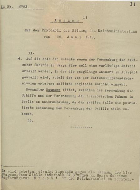 Auszug aus dem Protokoll der Sitzung des Reichsministeriums vom 26. Juni 1919