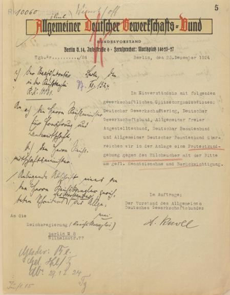 Schreiben des Vorstandes des Allgemeinen Deutschen Gewerkschaftsbundes an die Reichsregierung vom 23. Dezember 1924 zum "Milchwucher"