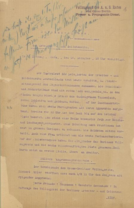 Eröffnung des ersten Reichsrätekongresses am 16. Dezember 1918 durch Richard Müller, Vorsitzender des Vollzugsrates der Arbeiter- und Soldatenäte Groß-Berlins.