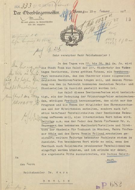 Schreiben des Bonner Oberbürgermeisters Johannes Falk an Reichskanzler Wilhelm Marx mit der Bitte um ein Grußwort für das Festbuch zum Deutschen Beethovenfest 1927, 15. Januar 1927