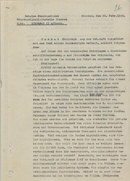 Vermerk der Staatspolizeileitstelle München, 21. Februar 1943