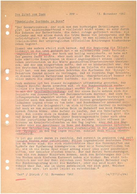 Bericht des Parlamentarisch-Politischen Pressedienstes über die "Zustände in Bonn" vom 13. November 1962