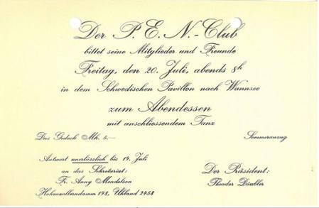 Einladung des PEN-Clubs zum Abendessen mit Tanz am 20. Juli 1929