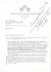 Brief von Egon Krenz, 1. Sekretär des Zentralrates der FDJ, an Erich Honecker vom 8. September 1983 zur Bitte von Udo Lindenberg, ein Konzert in der DDR geben zu können