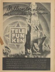 Übertragung der Feierlichkeiten über den Rundfunk durch Telefunken (Reklame), März/April 1933