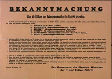 Bekanntmachung über die Bildung von Judenwohnbezirken im Distrikt Warschau (Plakat), 16. November 1942