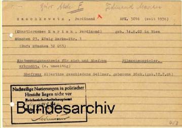 Abstammungsnachweis und politischer Unbedenklichkeitsnachweis des Reichssicherheitshauptamtes für Ferdinand Haschkowetz, Berlin, 5. Mai 1944  (VS)