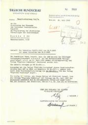 Schreiben der "Täglichen Rundschau" an das Ministerium der Finanzen mit der Bitte um zügige Auszahlung der ADN-Gesellschafteranteile, 25.7.1953