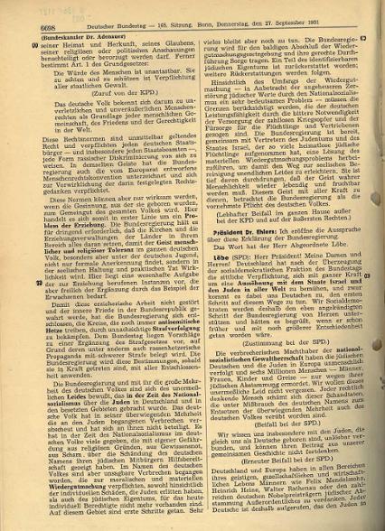 Auszug aus dem Protokoll der 165. Sitzung des Bundestages am 27. September 1951 
