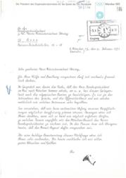 Schreiben von Willi Daume, Präsident des Organisationskomitees für die Spiele der XX. Olympiade an das Bundespräsidialamt, 4. Februar 1971