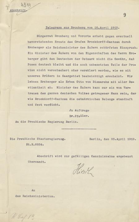 Telegramm des Bürgerrrats von Bromberg (Abschrift), 16. April 1919