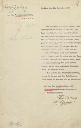 Vereinbarung zwischen den Arbeitgeberverbänden und den Gewerkschaften, 15. Nov. 1918