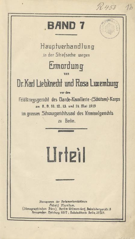 Deckblatt des Urteils im Verfahren des Gerichts des Garde-Kavallerie-Schützen-Korps gegen Otto Runge u.a. [14. Mai 1919]