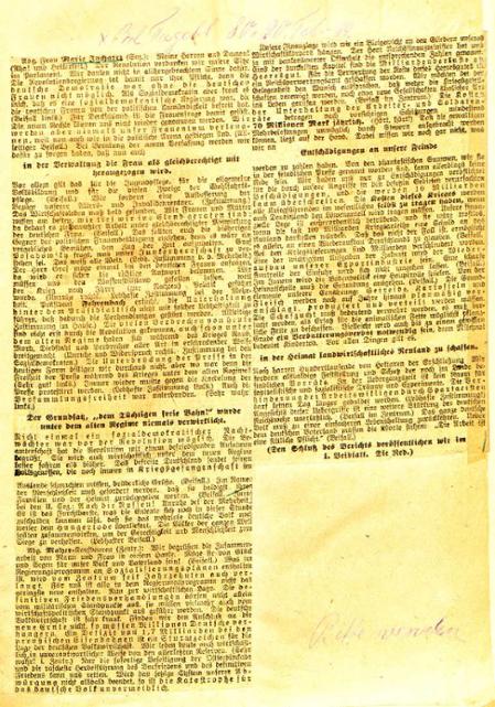 Zusammenfassung der Sitzung der Nationalversammlung vom 19. Februar 1919 (Ausschnitt) im Berliner Tageblatt vom 20. Februar 1919