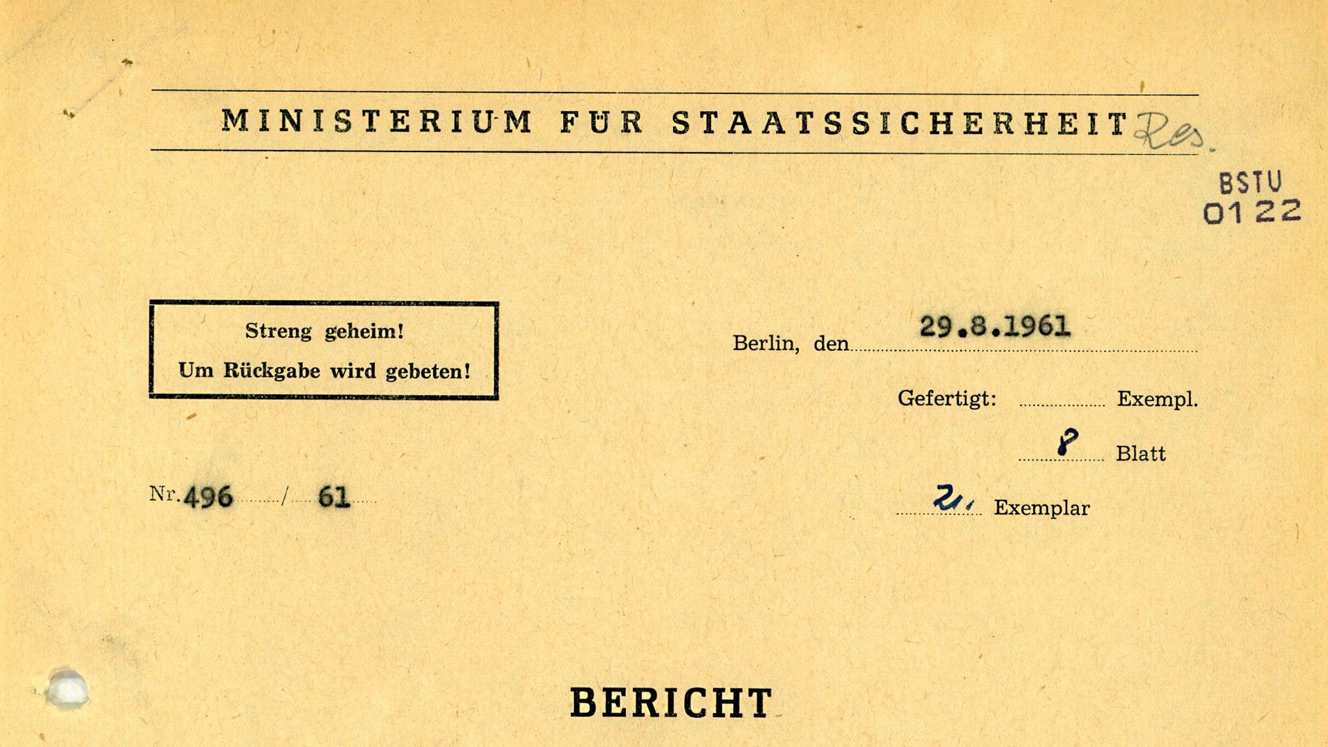 Dokumentenkopf eines geheimen Berichtes an die Staatsführung kurz nach dem Mauerbau.