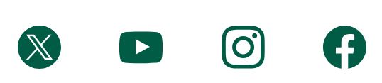Vier grüne Icons für die Social media-Kanäle X, Youtube, Instagram, Facebook