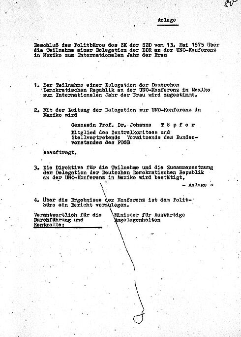 Scan des Beschlussdokumentes zur Teilnahme der DDR an der UNO-Konferenz in Mexiko inklusive der Ziele der DDR bei dieser Konferenz.
