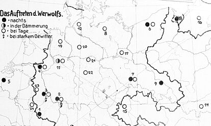 Karte „Das Auftreten d. Werwolfs“ aus der Dissertation „Der Werwolf.- Sein Wesen und sein Weg.- Eine Untersuchung zum deutschen Volksglauben' von Kurt Speth, 1939