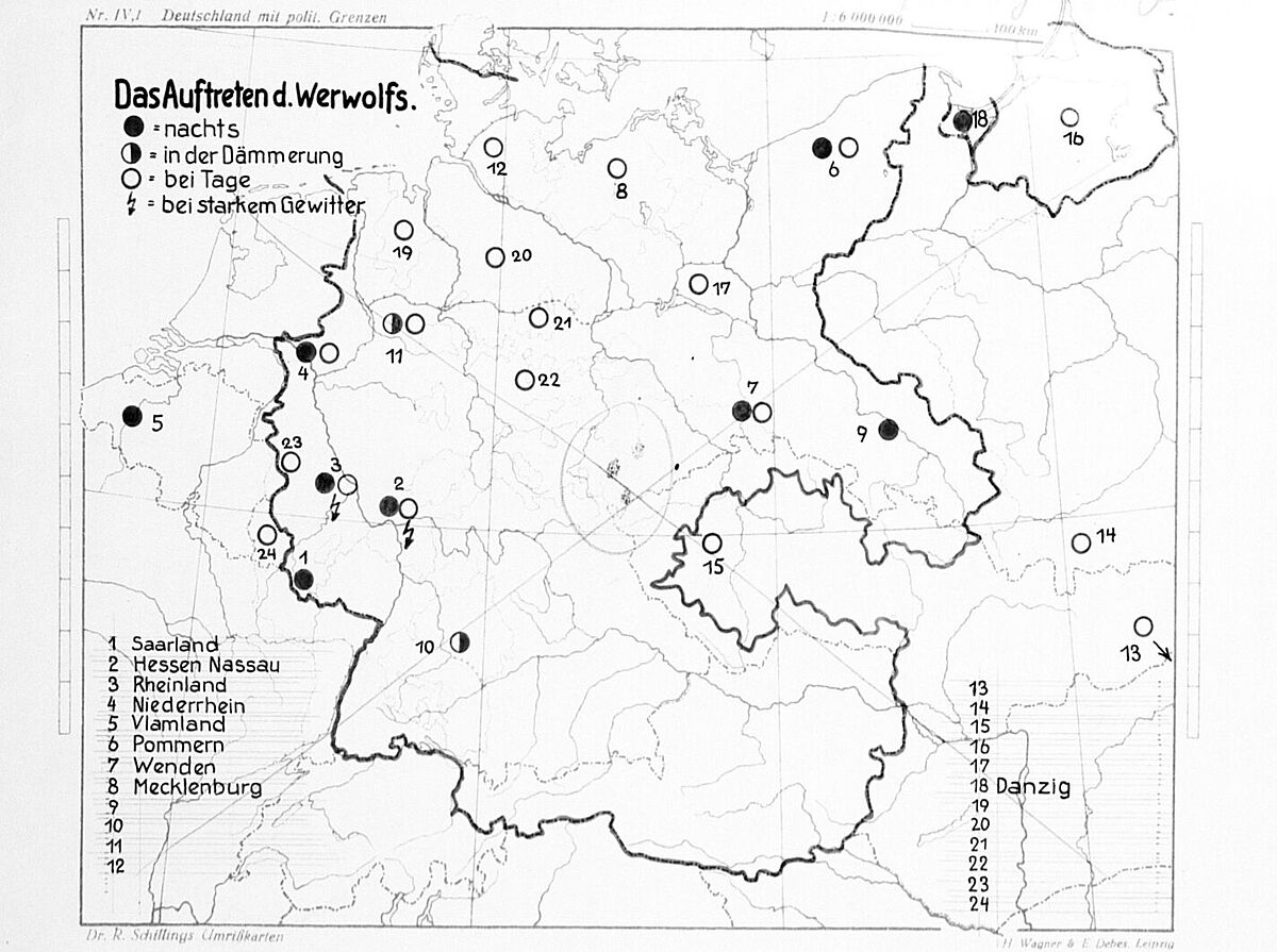 Karte „Das Auftreten d. Werwolfs“ aus der Dissertation „Der Werwolf.- Sein Wesen und sein Weg.- Eine Untersuchung zum deutschen Volksglauben" von Kurt Speth, 1939 Karte „Das Auftreten d. Werwolfs“ aus der Dissertation „Der Werwolf.- Sein Wesen und sein Weg.- Eine Untersuchung zum deutschen Volksglauben" von Kurt Speth, 1939