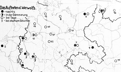 Karte „Das Auftreten d. Werwolfs“ aus der Dissertation „Der Werwolf.- Sein Wesen und sein Weg.- Eine Untersuchung zum deutschen Volksglauben' von Kurt Speth, 1939