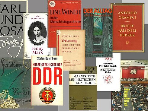 Publikationen aus dem Karl Dietz Verlag Berlin. Der Dietz-Verlag war der zentrale Parteiverlag der SED Eine Reihe der Cover von Publikationen des Karl Dietz Verlages, darunter "Kurze Geschichte der DDR" und "Karl und Rosa - Erinnerungen" sind als Plakatz zusammengefasst.