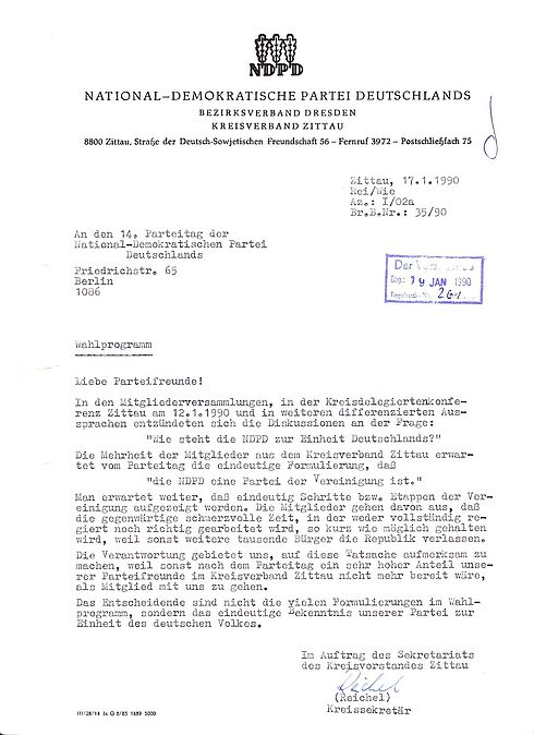 Schreiben des Kreisverbandes Zittau der National-Demokratischen Partei Deutschlands vom 17. Januar 1990 an den 14. Parteitag mit der Forderung für ein klares Bekenntnis zur Wiedervereinigung