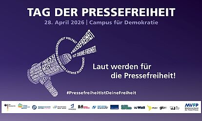 Header, der den Tag der Pressefreiheit auf dem Campus für Demokratie bewirbt. Der Text lautet 'Laut werden für die Pressefreiheit! #PressefreiheitIstDeineFreiheit'