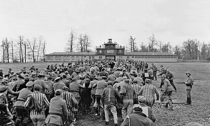 Schwarz-weiß-Bild: eine dem Betrachtenden abgewandte Gruppe Menschen, teilweise in Häftlingskleidung wird von bewaffneten Soldaten in Richtung eines Tores getrieben.