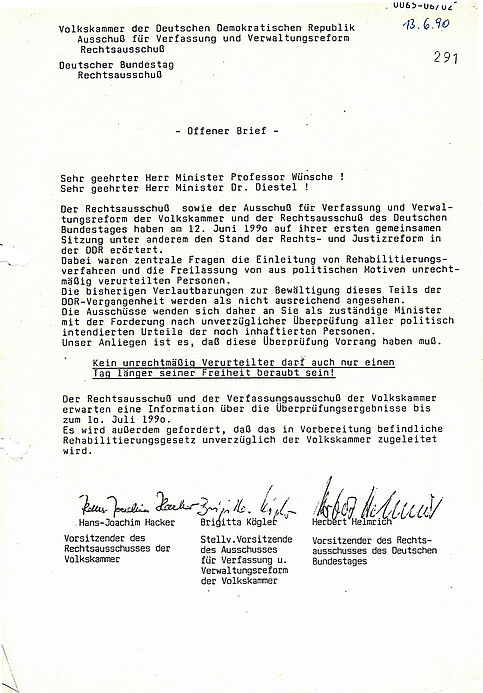 Offener Brief an die Minister Wünsche und Diestel durch die Rechtsausschüsse des Bundestages und der Volkskammer, mit der Forderung die Rehabilitation politischer Gefangener der DDR voranzutreiben, 13. Juni 1990