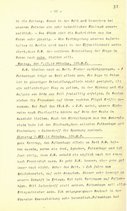 Auszug aus dem Tagebuch von Generaloberst Hans von Plessen, 1914/1915, Seite 2