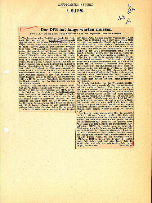 Der DFB hat lange warten müssen, Artikel aus der Stuttgarter Zeitung vom 8. Juli 1966