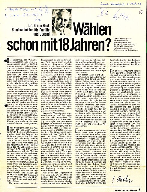 vierspaltiger Zeitungsartikel mit der Überschrift "Wählen schon mit 18 Jahren?", am oberen Rand handschriftliche Vermerke