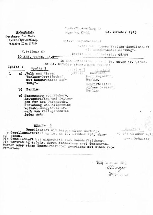 Handelsregistereintrag der Volk und Wissen Verlags GmbH vom 24.10.1945 Maschinell erstelltes Schriftgut