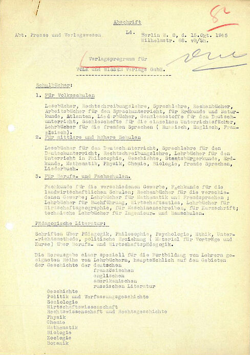 Verlagsprogramm der Volk und Wissen Verlags GmbH vom 15.10.1945 Maschinell erstelltes Schriftgut