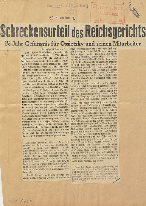 Artikel in der Berliner Volkszeitung vom 23. November 1931 zum Urteil gegen Carl von Ossietzky im Weltbühnen-Prozess