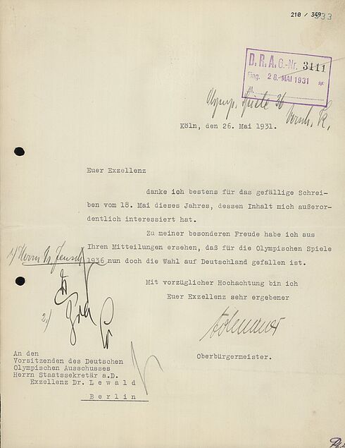 Antwort des Kölner Oberbürgermeisters Konrad Adenauer an das Schreiben von Theodor Lewald, Präsident des Deutschen Reichsausschuss für Leibesübungen (26. Mai 1931)